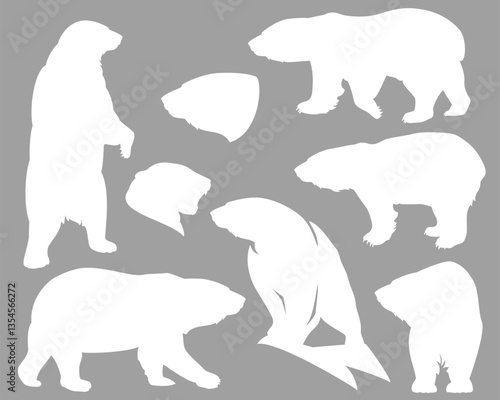 polar bear (ursus maritimus) white vector silhouette set - walking, standing animal outline collection and profile head