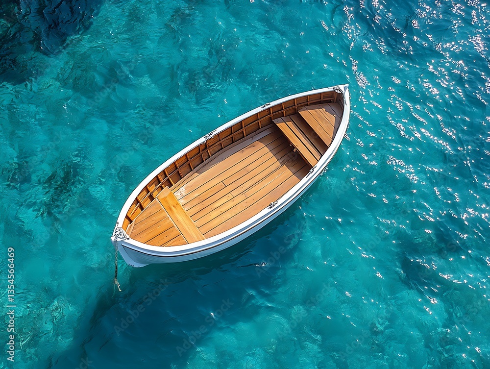 Obraz premium Serene Wooden Boat Floating on Calm Blue Ocean Water