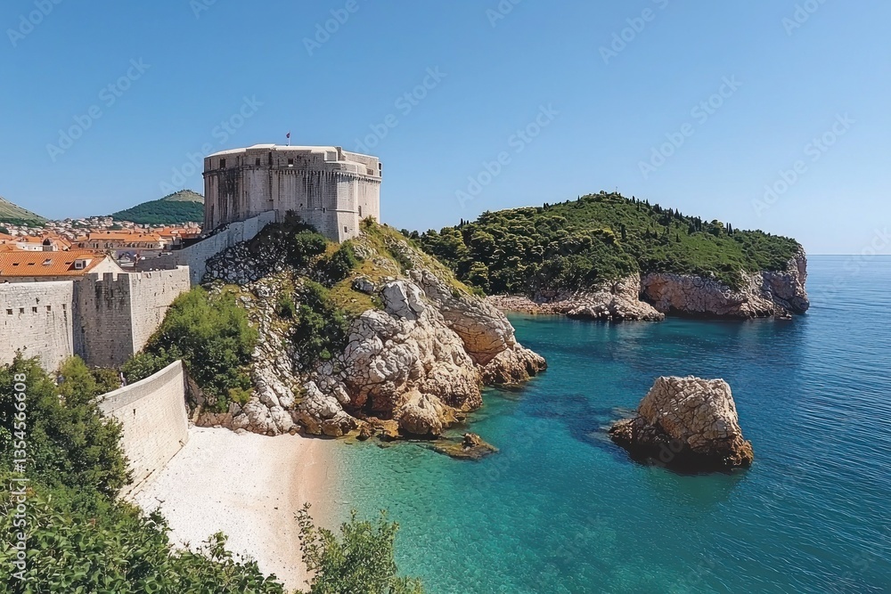Coastal fortress overlooking a secluded beach and turquoise sea under a clear blue sky. Coastal fortress overlooking a secluded beach and turquoise sea under a clear blue sky.