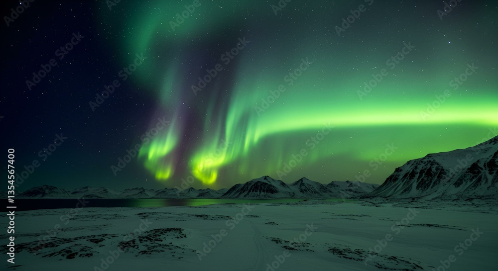 Ultra sharp aerial view of an Arctic landscape illuminated by aurora borealis