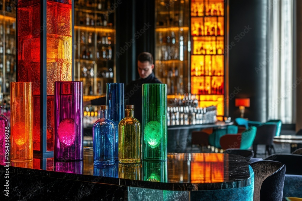 Obraz premium Bartender creates a vibrant cocktail in a chic hotel bar with ambient lighting and colorful bottles Generative AI