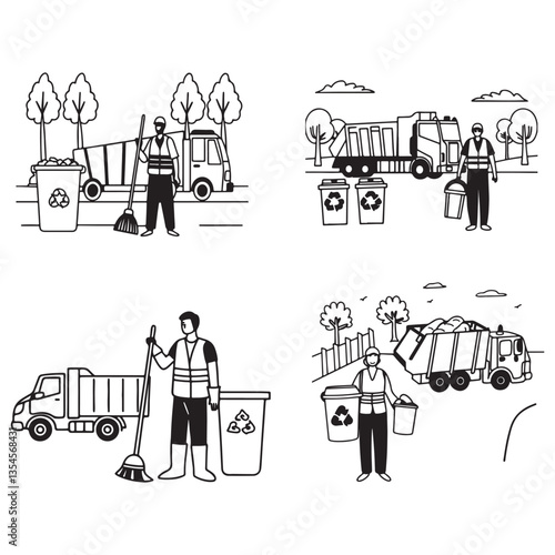 Trash utility, disposal and recycling concept set Vector illustration. Waste collector worker, recycling trash bin and garbage truck collection.