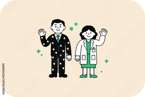 Professional Duo Waving Hello, Business and Medical Fields United