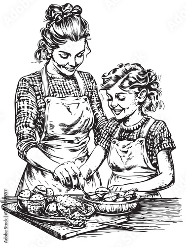 Mother and daughter preparing Easter treats, highly detailed vector