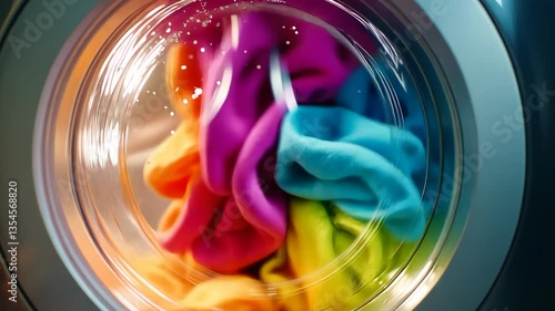 A high-performance washing machine with a transparent door, showing colorful clothes tumbling inside, illuminated by bright reflections and clean bubbles.