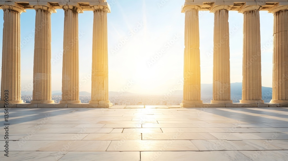 Fototapeta premium Sunlit Ancient Columns with Scenic View of City Landscape at Dusk
