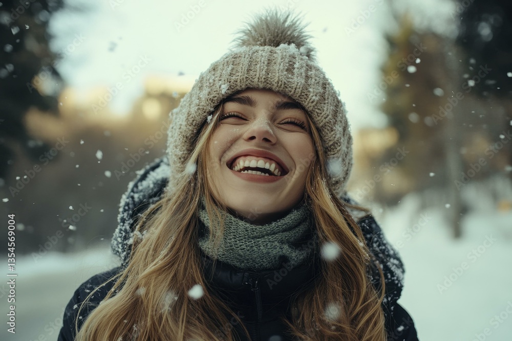 Smiling Young Woman Wearing a Winter Hat and Scarf in Falling Snow Smiling Young Woman Wearing a Winter Hat and Scarf in Falling Snow