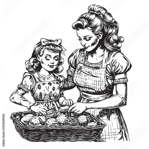 Cheerful illustration of a family tradition: Easter baking with mom and child