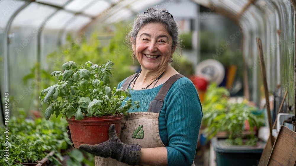 Obraz premium A young woman with long dark hair smiles while holding two small potted plants in a greenhouse.