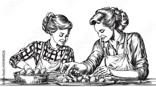Heartfelt holiday art depicting a parent-child duo making festive treats