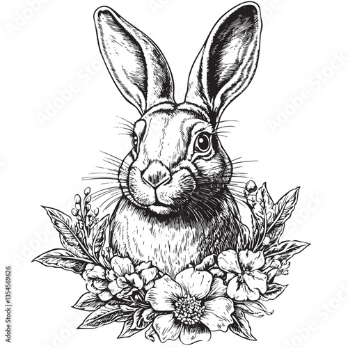 Detailed design capturing a hare dressed with a blooming wreath