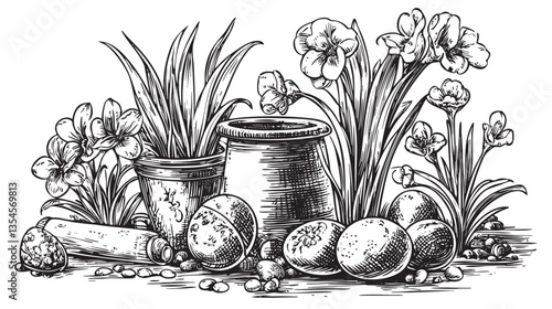 Springtime garden scene with Easter elements, highly detailed (EPS)