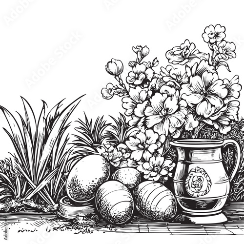 EPS artwork showing bunnies frolicking among decorated eggs and flowers