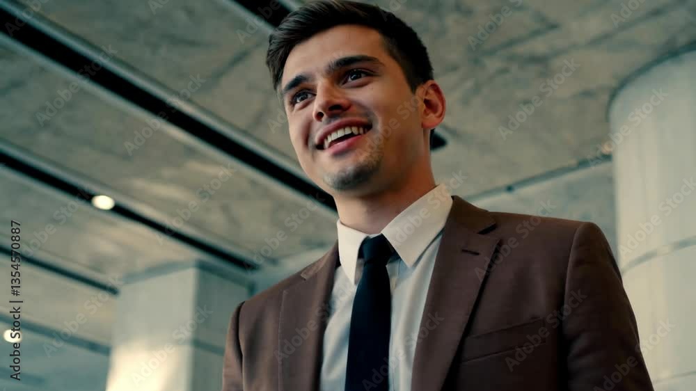 Low angle medium shot of smiling young businessman in brown suit indoor, modern style Low angle medium shot of smiling young businessman in brown suit indoor, modern style