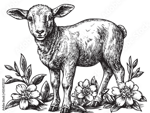 Whimsical design depicting a young lamb among springtime blooms
