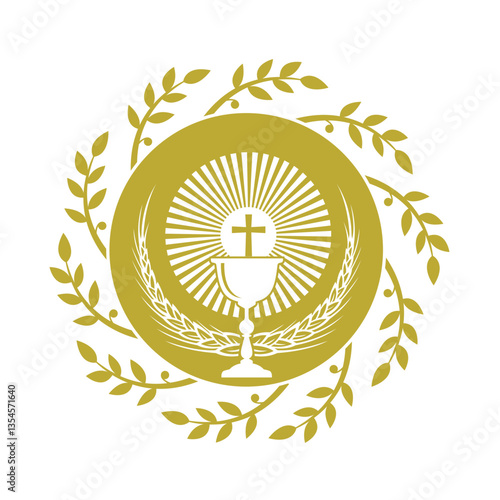 golden holy communion icon with chalice and wheat isolated on white background