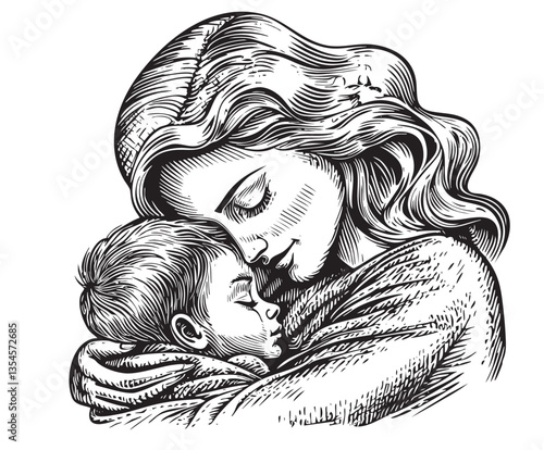 Engraved depiction capturing a heartfelt mother-child moment from the past