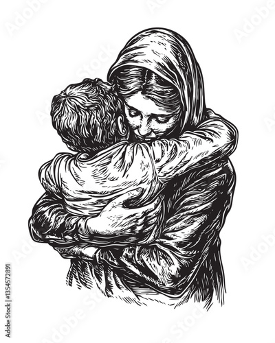 Engraved portrait highlighting the gentle bond of motherhood