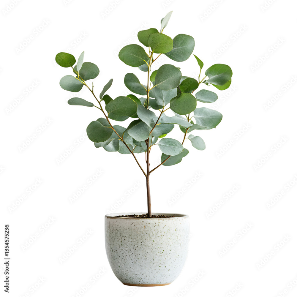 Fototapeta premium A Thriving Eucalyptus Sapling in a Ceramic Pot Isolated on Transparent Background
