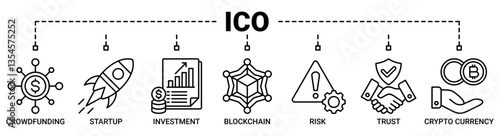 ICO banner web icon vector set illustration concept of initial coin offering with icon outline symbol background.