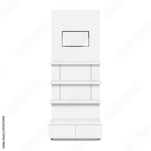 POP display stand with shelves, storage cabinet, LED screen front view. Realistic 3d vector mockup. Floor standing retail exhibition construction with built-in LCD monitor. Mockup. Template for design
