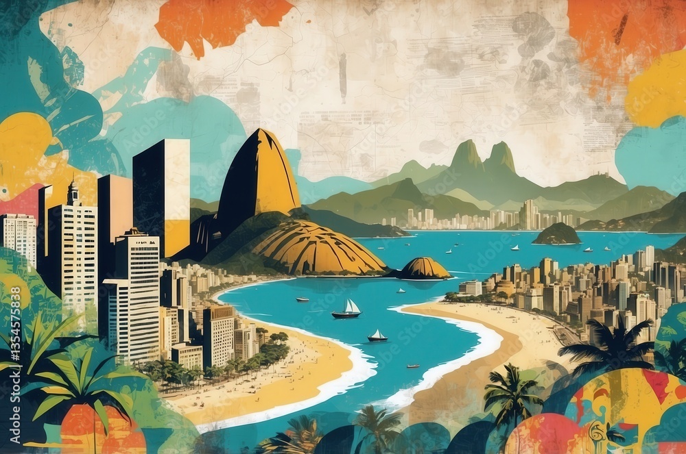 Obraz premium Vibrant coastal landscape showcasing Rio de Janeiro's mountains, beaches, and city skyline under a bright sky