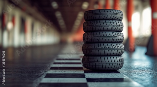 Stacked car tires on a checkered racing surface symbolize automotive readiness