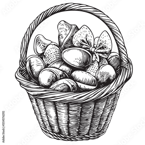 Cheerful holiday design featuring an overfilled basket of Easter treats