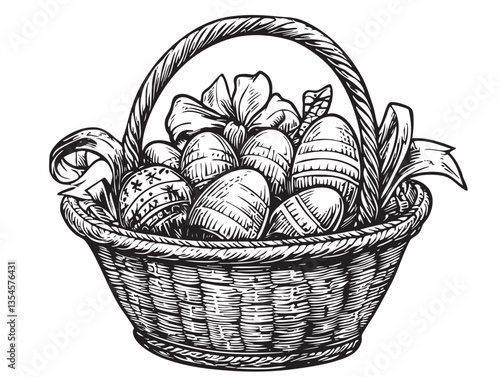 Colorful holiday design depicting an Easter basket brimming with sweets