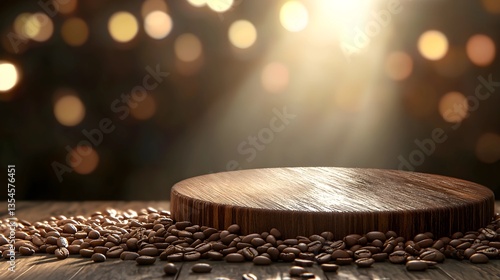 Wooden Podium with Scattered Coffee Beans