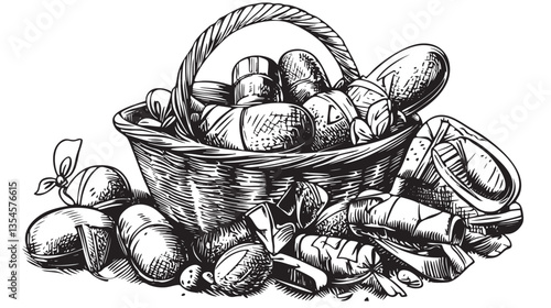 Vector Easter basket overflowing with candy for holiday celebrations