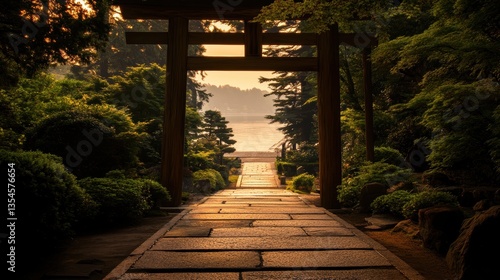 A traditional Japanese torii gate standing at the entrance of a sacred shrine.