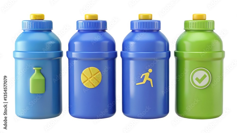 Fitness Motivation Four colorful water bottles, each with distinct symbols, ideal for sports and fitness enthusiasts. Fitness Motivation Four colorful water bottles, each with distinct symbols, ideal for sports and fitness enthusiasts.