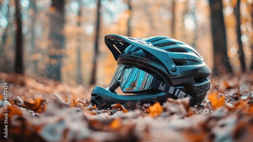 Autumnal Mountain Bike Helmet Resting on Fallen Leaves in a Forest