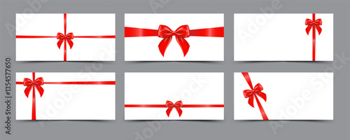 Set of blank Gift cards with realistic shiny satin red bow and ribbon. Vector design template for gift voucher