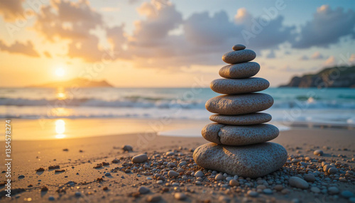 Stack of balanced stones on beach at sunset