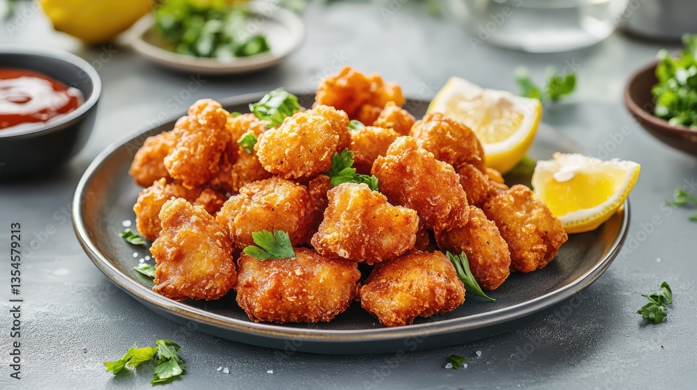 A plate of crispy, golden-brown breaded chicken cutlets garnished with fresh parsley and served with lemon slices. A plate of crispy, golden-brown breaded chicken cutlets garnished with fresh parsley and served with lemon slices.