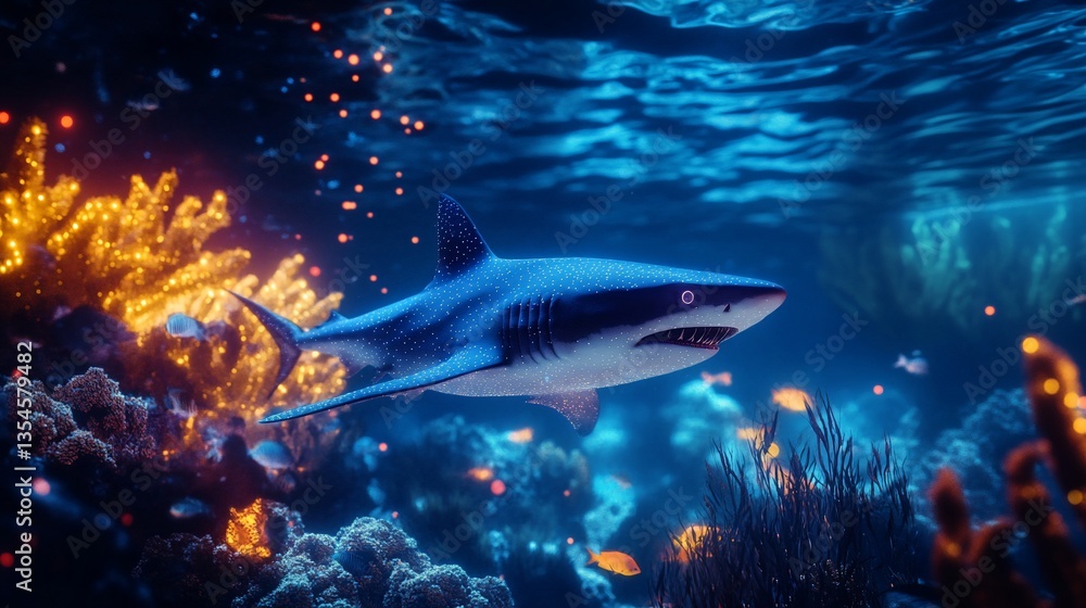 Fototapeta premium Enchanting underwater world: A luminous shark amidst vibrant coral reefs