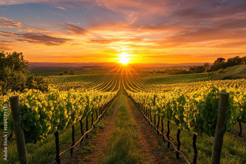 Naklejka premium A vineyard at sunset with rows of grapevines and a vibrant sky filled with orange and yellow hues