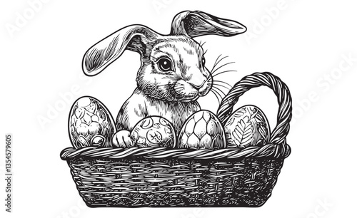 Detailed vector art depicting a rabbit carrying Easter treats