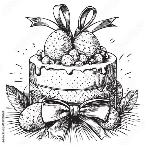 Engraved illustration of a festive Easter cake design