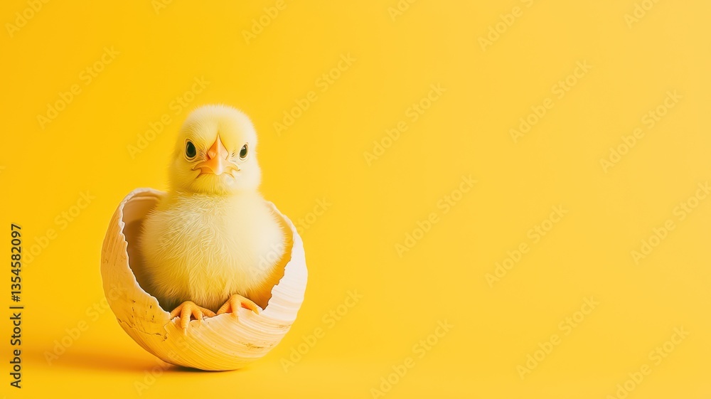 A cute yellow chick emerging from an eggshell against a bright yellow background, symbolizing new beginnings and springtime, Easter A cute yellow chick emerging from an eggshell against a bright yellow background, symbolizing new beginnings and springtime, Easter
