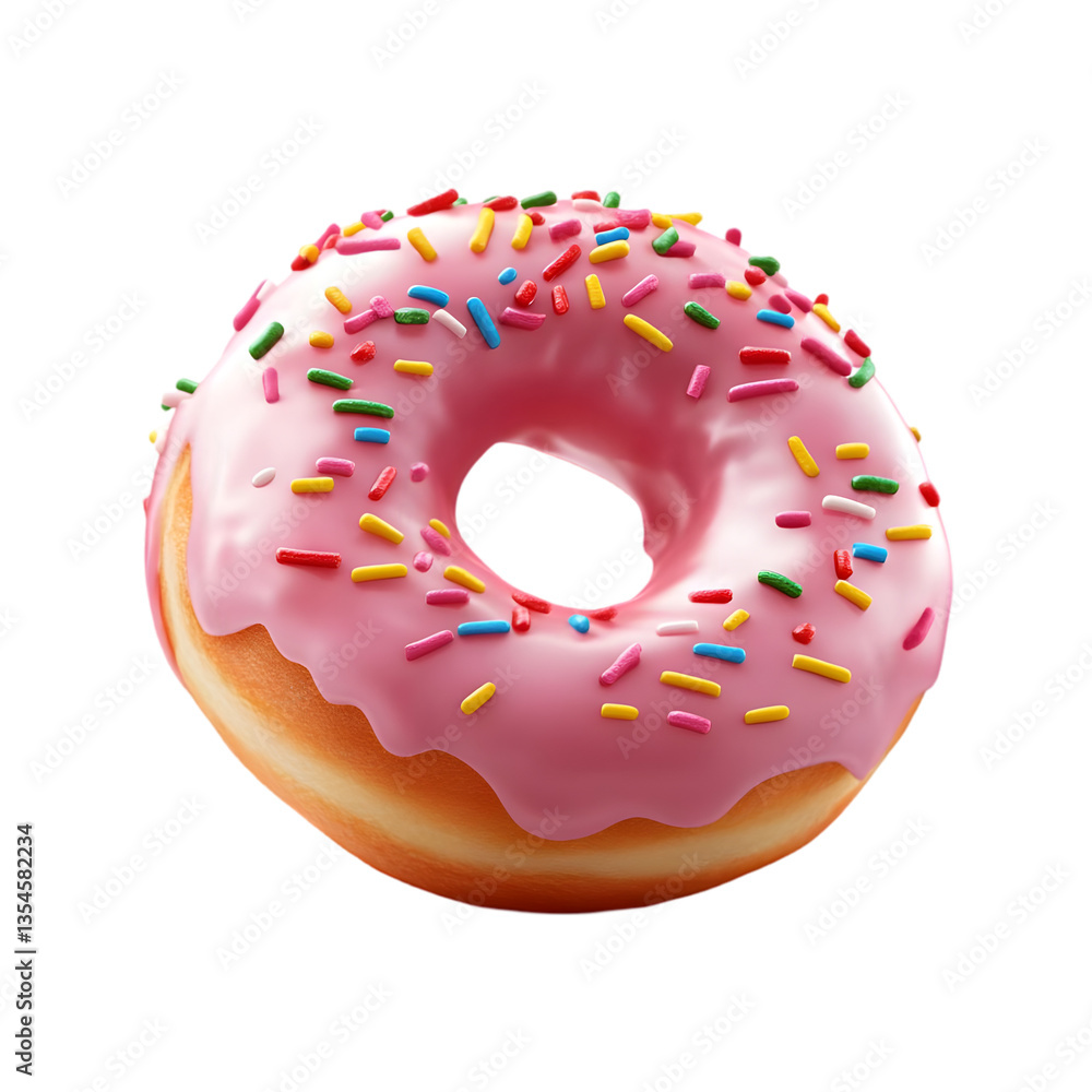 A delicious pink frosted donut topped with colorful sprinkles, perfect for a sweet treat or dessert inspiration in any food photography project. A delicious pink frosted donut topped with colorful sprinkles, perfect for a sweet treat or dessert inspiration in any food photography project.