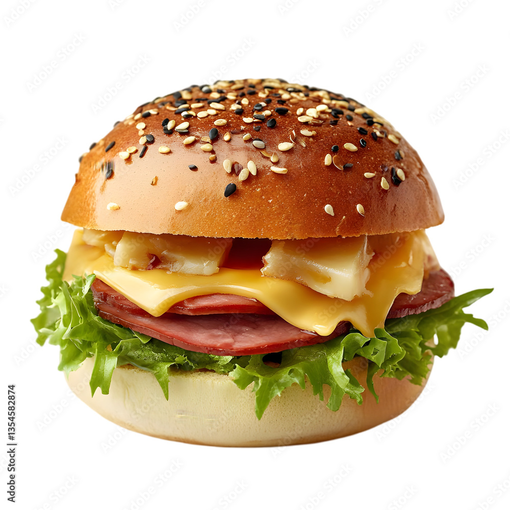 A delicious, freshly made hamburger featuring a sesame seed bun, layers of lettuce, cheese, and savory meats, perfect for a satisfying meal. A delicious, freshly made hamburger featuring a sesame seed bun, layers of lettuce, cheese, and savory meats, perfect for a satisfying meal.