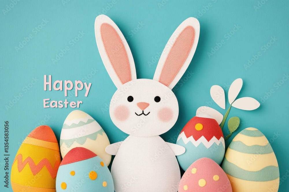 Obraz premium Cute Easter bunny with colorful decorated eggs, celebrating Easter with joy and creativity, bright pastel colors on a blue background