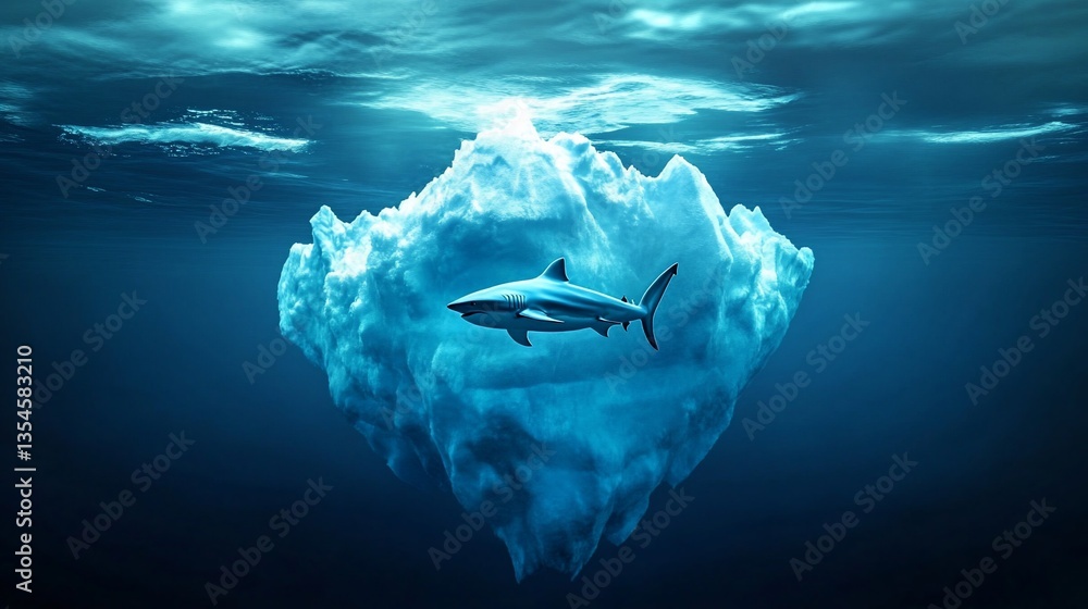 Fototapeta premium Iceberg and Shark: Visualizing Hidden Risks and Environmental Challenges