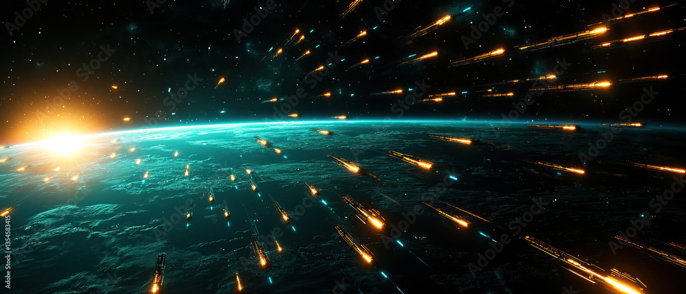 Fototapeta premium stunning view of Earth from space, with bright meteors streaking through atmosphere, creating dramatic scene