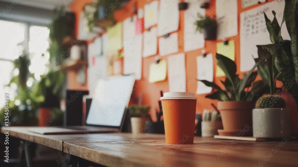 Orange Coffee Cup On Wooden Desk In Home Office Orange Coffee Cup On Wooden Desk In Home Office