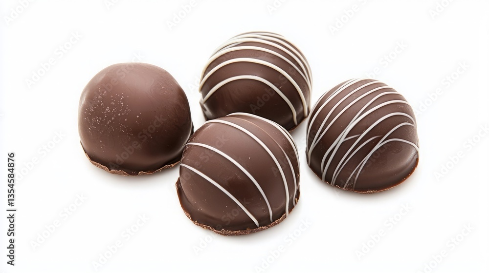 Chocolate dark fusion. Four decadent chocolate truffles with a glossy finish and elegant white stripes, arranged neatly on a clean, white background. Chocolate dark fusion. Four decadent chocolate truffles with a glossy finish and elegant white stripes, arranged neatly on a clean, white background.