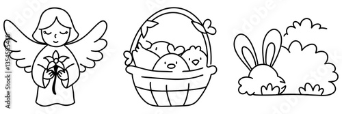 Easter,cheerful angel holding flowers, basket of chicks, and bunny behind bushes create festive Easter scene